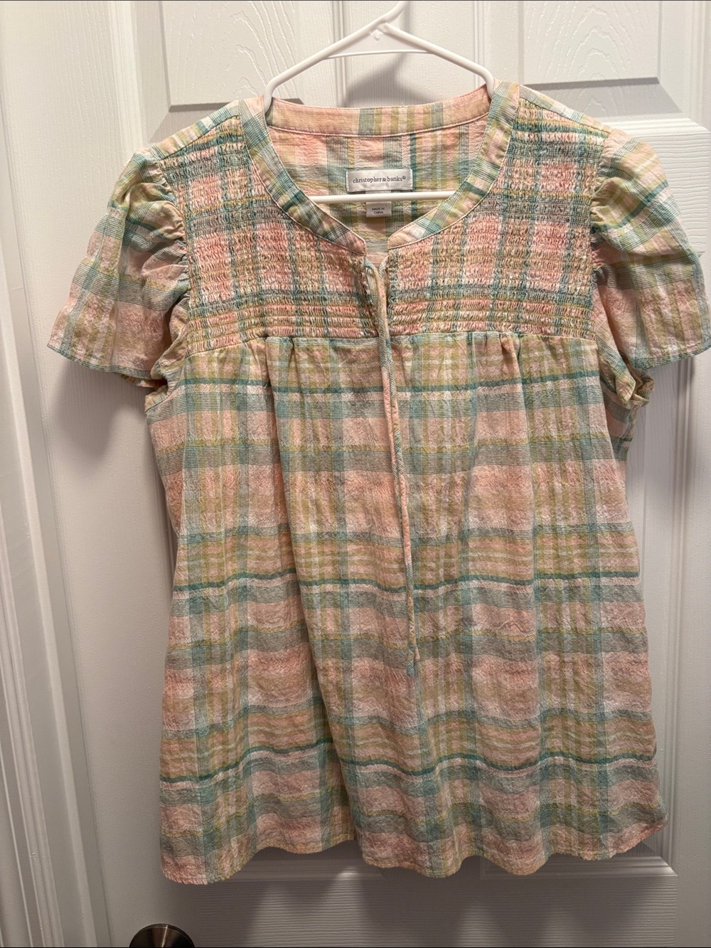 Christopher & Banks Pastel Plaid Smocked Tunic - Pink, Green, Cream